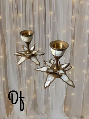 Vtg Brass and Mother-of-Pearl Star Candle Holders